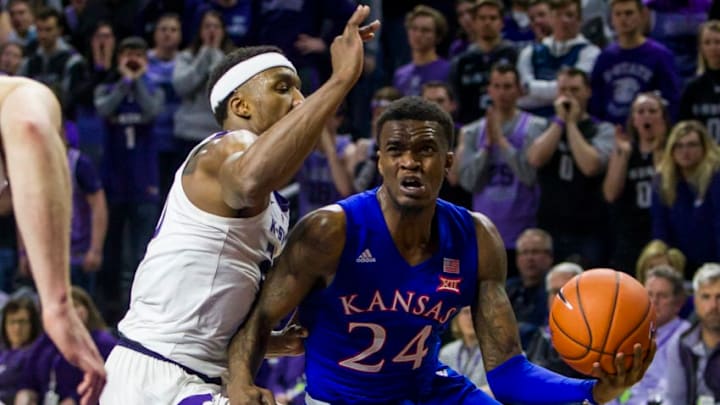 MANHATTAN, KS - FEBRUARY 05: Kansas Jayhawks guard Lagerald Vick (24) looks for an opening on the baseline during the Big 12 regular season game between the Kansas Jayhawks and Kansas State Wildcats, on Tuesday, February 5th, 2019 at Bramlage Coliseum in Manhattan, Kansas. (Photo by Nick Tre. Smith/Icon Sportswire via Getty Images)