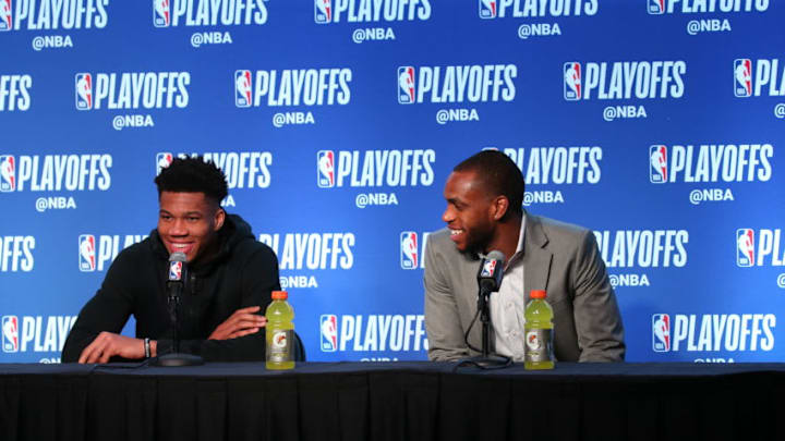 MILWUAKEE, WI - APRIL 20: Giannis Antetokounmpo #34 and Khris Middleton #22 of the Milwaukee Bucks talk to the media following Game Three of Round One of the 2018 NBA Playoffs against the Boston Celtics on April 20, 2018 at the BMO Harris Bradley Center in Milwaukee, Wisconsin. NOTE TO USER: User expressly acknowledges and agrees that, by downloading and or using this Photograph, user is consenting to the terms and conditions of the Getty Images License Agreement. Mandatory Copyright Notice: Copyright 2018 NBAE (Photo by Gary Dineen/NBAE via Getty Images)