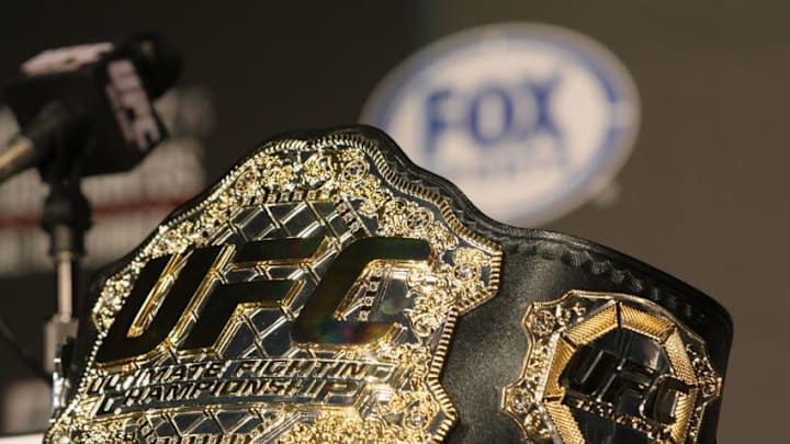 HOLLYWOOD, CA - SEPTEMBER 20: A detailed view of the UFC Championship belt prior to the UFC on Fox: Velasquez v Dos Santos - Press Conference at W Hollywood on September 20, 2011 in Hollywood, California. (Photo by Victor Decolongon/Getty Images)