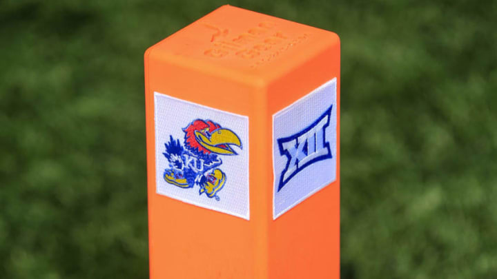 LAWRENCE, KS - SEPTEMBER 02: A pylon sits on the field before the game between the Kansas Jayhawks and the Southeast Missouri State Redhawks on September 2, 2017 in Lawrence, Kansas. (Photo by Brian Davidson/Getty Images)
