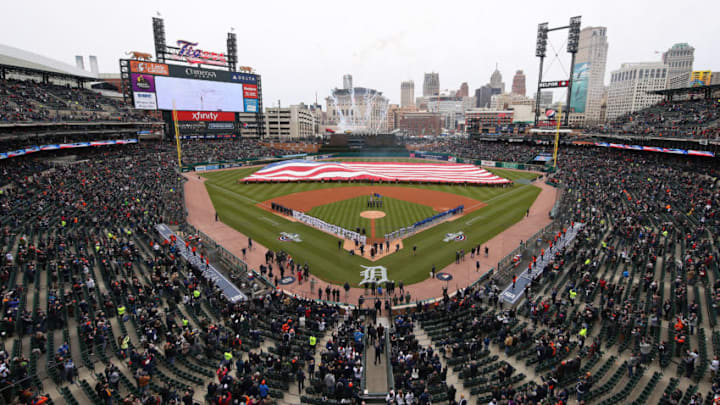 DETROIT, MICHIGAN - APRIL 04: General view of the National Anthem prior to a game between the Kansas City Royals and the Detroit Tigers during Opening Day at Comerica Park on April 04, 2019 in Detroit, Michigan. (Photo by Gregory Shamus/Getty Images)