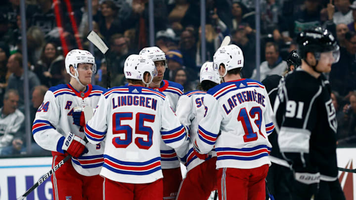 LOS ANGELES, CALIFORNIA - NOVEMBER 22: The New York Rangers celebrate a goal against the Los Angeles Kings in the second period at Crypto.com Arena on November 22, 2022 in Los Angeles, California. (Photo by Ronald Martinez/Getty Images)
