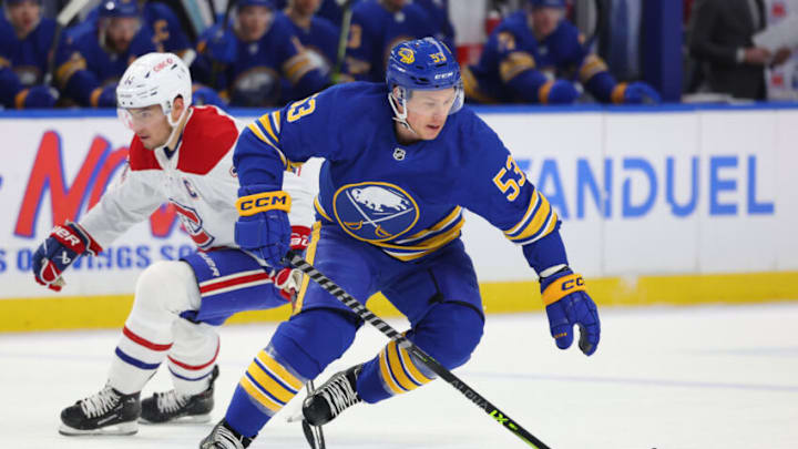 Mar 27, 2023; Buffalo, New York, USA; Buffalo Sabres left wing Jeff Skinner (53) controls the puck during the first period against the Montreal Canadiens at KeyBank Center. Mandatory Credit: Timothy T. Ludwig-USA TODAY Sports