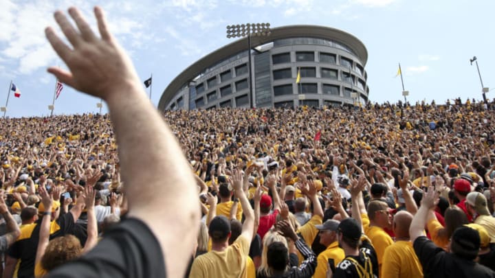 IOWA CITY, IOWA - SEPTEMBER 07: Fans wave up to the children at the University of Iowa Stead Family Children's Hospital during the 1st half of the match-up between the Iowa Hawkeyes and the the Rutgers Scarlet Knights on September 7, 2019 at Kinnick Stadium in Iowa City, Iowa. (Photo by Matthew Holst/Getty Images)