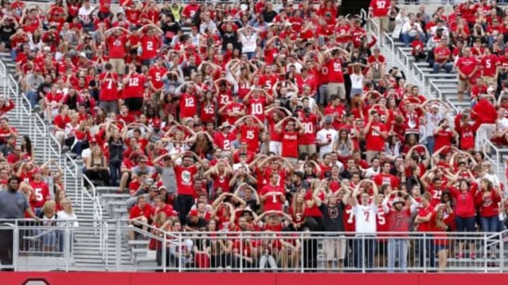 Sep 26, 2015; Columbus, OH, USA; Ohio State Buckeyes fans during the third quarter versus the Western Michigan Broncos at Ohio Stadium. Ohio State won the game 38-12. Mandatory Credit: Joe Maiorana-USA TODAY Sports