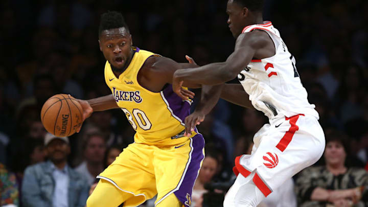 LOS ANGELES, CA - OCTOBER 27: Pascal Siakam #43 of the Toronto Raptors defends against Julius Randle #30 of the Los Angeles Lakers during the first half of a game at Staples Center on October 27, 2017 in Los Angeles, California. NOTE TO USER: User expressly acknowledges and agrees that, by downloading and or using this photograph, User is consenting to the terms and conditions of the Getty Images License Agreement. (Photo by Sean M. Haffey/Getty Images)
