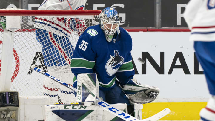 Thatcher Demko of the Vancouver Canucks. (Photo by Rich Lam/Getty Images)