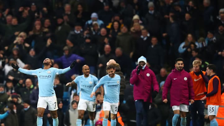 MANCHESTER, ENGLAND - NOVEMBER 29: Raheem Sterling of Manchester City celebrates after scoring his sides second goal during the Premier League match between Manchester City and Southampton at Etihad Stadium on November 29, 2017 in Manchester, England. (Photo by Clive Brunskill/Getty Images)