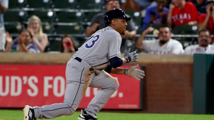 ARLINGTON, TEXAS - SEPTEMBER 11: Pinch runner Johnny Davis #73 of the Tampa Bay Rays reacts after being tagged out at first base in his Major League debut against the Texas Rangers in the top of the seventh inning at Globe Life Park in Arlington on September 11, 2019 in Arlington, Texas. (Photo by Tom Pennington/Getty Images)