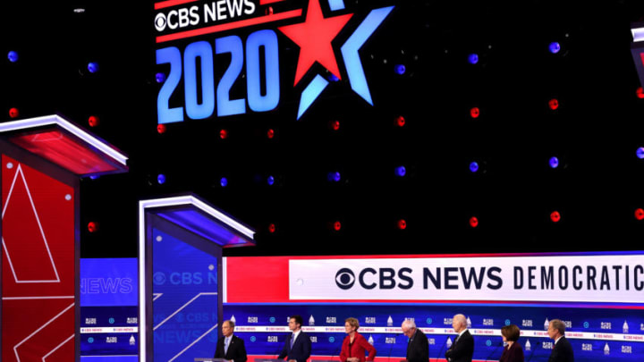 CHARLESTON, SOUTH CAROLINA - FEBRUARY 25: Democratic presidential candidates (L-R) former New York City Mayor Mike Bloomberg, former South Bend, Indiana Mayor Pete Buttigieg, Sen. Elizabeth Warren (D-MA), Sen. Bernie Sanders (I-VT), former Vice President Joe Biden, Sen. Amy Klobuchar (D-MN), and Tom Steyer participate in the Democratic presidential primary debate at the Charleston Gaillard Center on February 25, 2020 in Charleston, South Carolina. Seven candidates qualified for the debate, hosted by CBS News and Congressional Black Caucus Institute, ahead of South Carolina’s primary in 4 days. (Photo by Win McNamee/Getty Images)