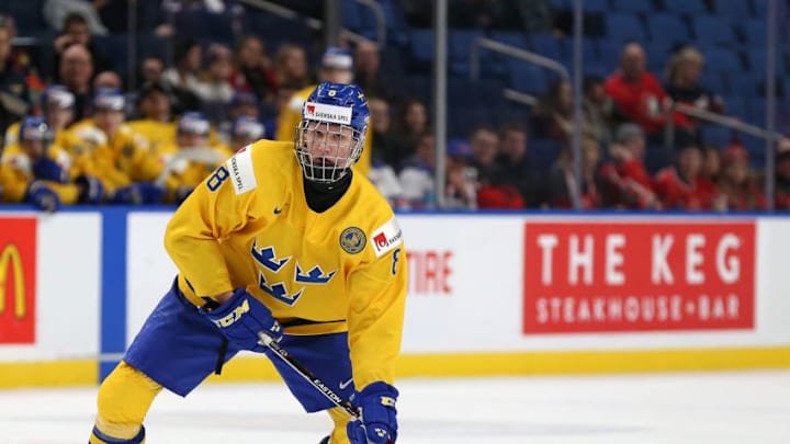 BUFFALO, NY - JANUARY 4: Rasmus Dahlin #8 of Sweden during the IIHF World Junior Championship against the United States at KeyBank Center on January 4, 2018 in Buffalo, New York. (Photo by Kevin Hoffman/Getty Images)
