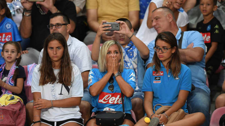 NAPLES, ITALY - AUGUST 25: SSC Napoli supporters before the serie A match between SSC Napoli and AC Milan at Stadio San Paolo on August 25, 2018 in Naples, Italy. (Photo by Francesco Pecoraro/Getty Images)