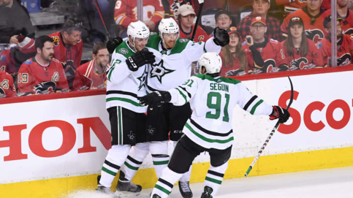 May 5, 2022; Calgary, Alberta, CAN; Dallas Stars forward Michael Raffl (18) celebrates his goal on the Calgary Flames in the third period in game two of the first round of the 2022 Stanley Cup Playoffs at Scotiabank Saddledome. Dallas won 2-0. Mandatory Credit: Candice Ward-USA TODAY Sports