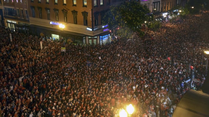 WASHINGTON, DC – JUNE 07: A large crowd gather on 7th Street on June 7, 2018, outside of the Capital One Arena in Washington, D.C. for the viewing party for Game 5 of the Stanley Cup Playoffs. The Washington Capitals defeated the Vegas Golden Knights. 4-3 to win the Stanley Cup. (Photo by Mark Goldman/Icon Sportswire via Getty Images)
