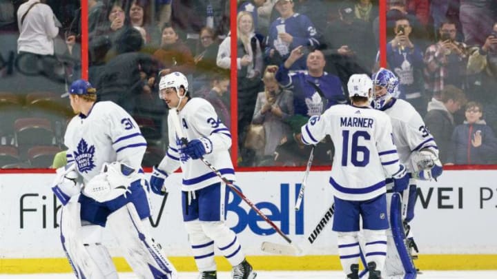 Jack Campbell #36, Mitchell Marner #16, Auston Matthews #34 and Frederik Andersen #31 of the Toronto Maple Leafs celebrate their win against the Ottawa Senators at Canadian Tire Centre. (Photo by Jana Chytilova/Freestyle Photography/Getty Images)