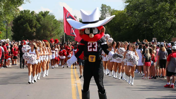 Sep 3, 2022; Lubbock, Texas, USA; Texas Tech Red Raiders Raider Red greets fans on the Raiderwalk before the game between the Texas Tech Red Raiders and the Murray State Racers at Jones AT&T Stadium and Cody Campbell Field. Mandatory Credit: Michael C. Johnson-USA TODAY Sports