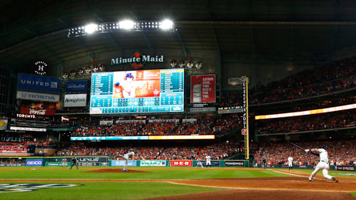HOUSTON, TX - OCTOBER 30: Alex Bregman #2 of the Houston Astros hits a game-winning single during the tenth inning against the Los Angeles Dodgers in game five of the 2017 World Series at Minute Maid Park on October 30, 2017 in Houston, Texas. (Photo by Jamie Squire/Getty Images)