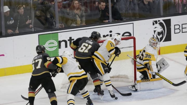 LAS VEGAS, NV - JANUARY 07: Pittsburgh Penguins center Dominik Simon (12) blocks the puck during a regular season game against the Vegas Golden Knights Tuesday, Jan. 7, 2020, at T-Mobile Arena in Las Vegas, Nevada. (Photo by: Marc Sanchez/Icon Sportswire via Getty Images)