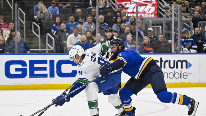 Mar 28, 2023; St. Louis, Missouri, USA; St. Louis Blues defenseman Robert Bortuzzo (41) is called for holding as he defends against Vancouver Canucks center Dakota Joshua (81) during the first period at Enterprise Center. Mandatory Credit: Jeff Curry-USA TODAY Sports