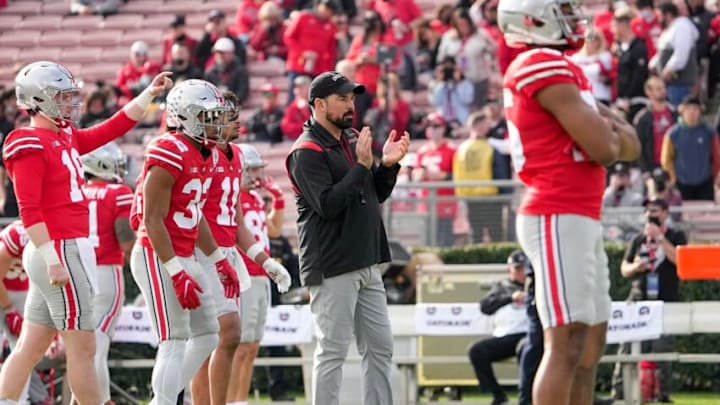 Ohio State Buckeyes head coach Ryan Day leads warm ups prior to the Rose Bowl in Pasadena, Calif. on Jan. 1, 2022.College Football Rose Bowl Ohio State Buckeyes head coach Ryan Day leads warm ups prior to the Rose Bowl in Pasadena, Calif. on Jan. 1, 2022.College Football Rose Bowl