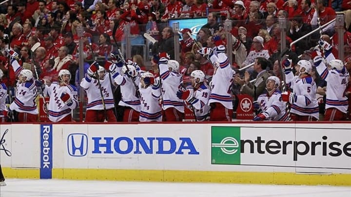 May 13, 2013; Washington, DC, USA; The New York Rangers celebrate from the bench after scoring a goal against the Washington Capitals in the second period in game seven of the first round of the 2013 Stanley Cup Playoffs at the Verizon Center. Mandatory Credit: Geoff Burke-USA TODAY Sports