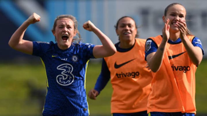 BARNET, ENGLAND – APRIL 24: Erin Cuthbert and Guro Reiten of Chelsea celebrate after their sides victory during the Barclays FA Women’s Super League match between Tottenham Hotspur Women and Chelsea Women at The Hive on April 24, 2022 in Barnet, England. (Photo by Justin Setterfield/Getty Images)