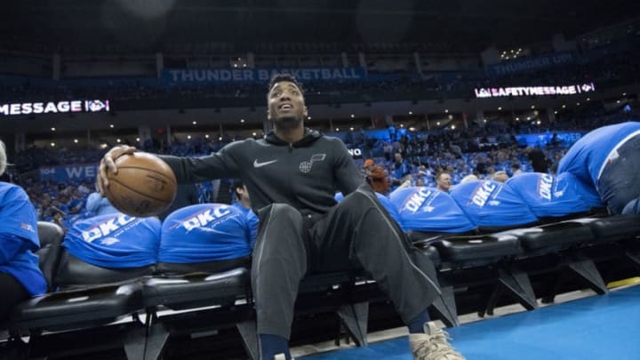 OKLAHOMA CITY, OK - APRIL 15: Donovan Mitchell #45 of the Utah Jazz waits for Game One of the Western Conference in the 2018 NBA Playoffs against the Oklahoma City Thunder to start at the Chesapeake Energy Arena on April 15, 2018 in Oklahoma City, Oklahoma. NOTE TO USER: User expressly acknowledges and agrees that, by downloading and or using this photograph, User is consenting to the terms and conditions of the Getty Images License Agreement. (Photo by J Pat Carter/Getty Images) *** Local Caption *** Donovan Mitchell;