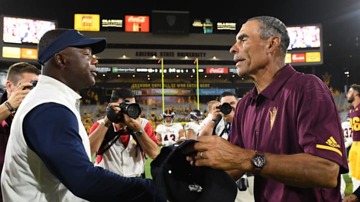 TEMPE, AZ - SEPTEMBER 01: Head coach Frank Wilson of the UTSA Roadrunners and head coach Herm Edwards of the Arizona State Sun Devils shake hands after the game at Sun Devil Stadium on September 1, 2018 in Tempe, Arizona. The Arizona State Sun Devils won 49-7. (Photo by Jennifer Stewart/Getty Images)