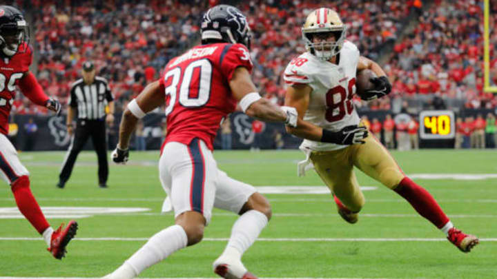 HOUSTON, TX – DECEMBER 10: Garrett Celek #88 of the San Francisco 49ers catches a touchdown pass defended by Kevin Johnson #30 of the Houston Texans in the third quarter at NRG Stadium on December 10, 2017 in Houston, Texas. (Photo by Tim Warner/Getty Images)