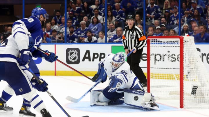 Apr 22, 2023; Tampa, Florida, USA; Toronto Maple Leafs goaltender Ilya Samsonov (35) makes a save against Tampa Bay Lightning left wing Nicholas Paul (20) during the third period in game three of the first round of the 2023 Stanley Cup Playoffs at Amalie Arena. Mandatory Credit: Kim Klement-USA TODAY Sports