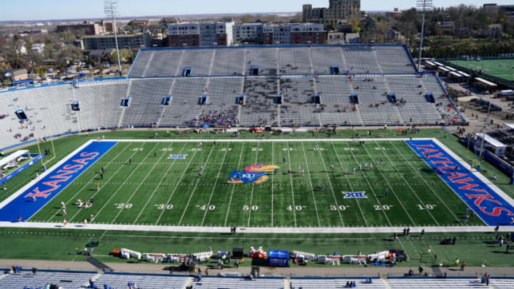 Nov 5, 2022; Lawrence, Kansas, USA; A general view of the field as the Oklahoma State Cowboys warm up against the Kansas Jayhawks prior to a game at David Booth Kansas Memorial Stadium. Mandatory Credit: Denny Medley-USA TODAY Sports