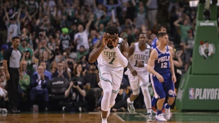 BOSTON, MA - MAY 9: Jaylen Brown #7 of the Boston Celtics reacts against the Philadelphia 76ers during Game Five of the Eastern Conference Semifinals of the 2018 NBA Playoffs on May 9, 2018 at TD Garden in Boston, Massachusetts. NOTE TO USER: User expressly acknowledges and agrees that, by downloading and or using this Photograph, user is consenting to the terms and conditions of the Getty Images License Agreement. Mandatory Copyright Notice: Copyright 2018 NBAE (Photo by David Dow/NBAE via Getty Images)