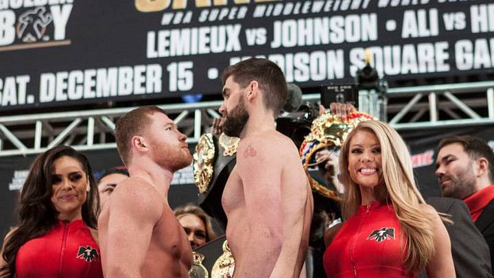 NEW YORK, NY - DECEMBER 14: Canelo Alvarez and Rocky Fielding pose and faceoff during the Canelo Alvarez vs Rocky Fielding Weigh-In at Madison Square Garden in New York City on December 14, 2018 . (Photo by Bill Tompkins/Getty Images)