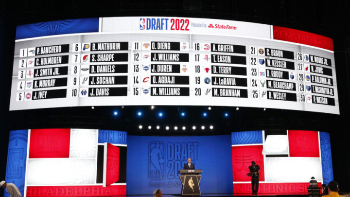 A general view of the first round draft board during the 2022 NBA Draft at Barclays Center on June 23, 2022 in New York City. (Photo by Sarah Stier/Getty Images)
