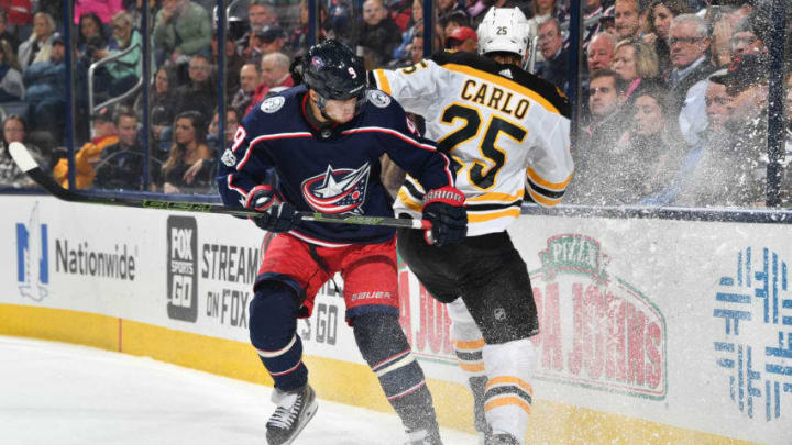 COLUMBUS, OH - OCTOBER 30: Artemi Panarin #9 of the Columbus Blue Jackets collides with Brandon Carlo #25 of the Boston Bruins during the third period of a game on October 30, 2017 at Nationwide Arena in Columbus, Ohio. (Photo by Jamie Sabau/NHLI via Getty Images)