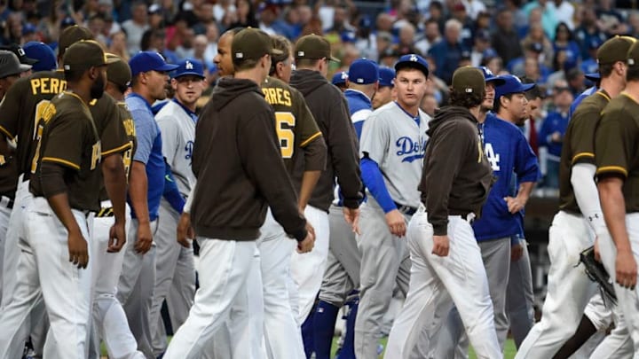 SAN DIEGO, CA - JUNE 30: Benches clear during the second inning of a baseball game between the Los Angeles Dodgers and the San Diego Padres at PETCO Park on June 30, 2017 in San Diego, California. (Photo by Denis Poroy/Getty Images)