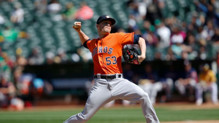OAKLAND, CA - MAY 9: Ken Giles #53 of the Houston Astros pitches during the game against the Oakland Athletics at the Oakland Alameda Coliseum on May 9, 2018 in Oakland, California. The Astros defeated the Athletics 4-1. (Photo by Michael Zagaris/Oakland Athletics/Getty Images) *** Local Caption *** Ken Giles