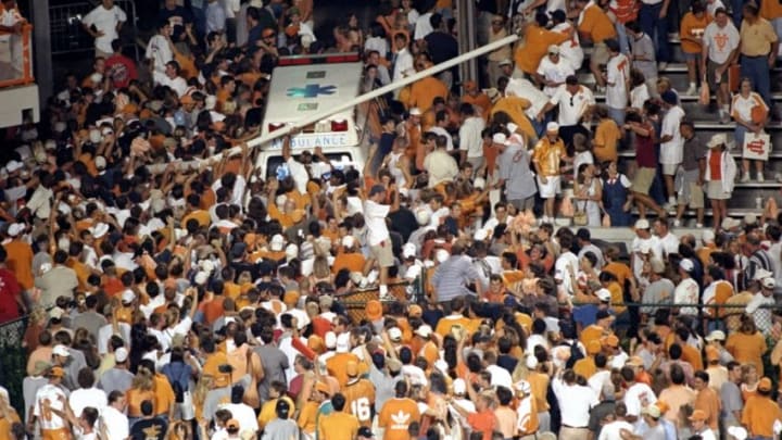 19 Sep 1998: General view of fans taking down the goalposts following a game between the Tennessee Volunteers and the Florida Gators at the Neyland Stadium in Knoxville, Tennessee. The Volunteers defeated the Gators 20-17. Mandatory Credit: Andy Lyons /