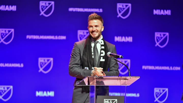 MIAMI, FL - JANUARY 29: David Beckham addresses the crowd during the press conference announcing an MLS franchise in Miami at the Knight Concert Hall on January 29, 2018 in Miami, Florida. (Photo by Eric Espada/Getty Images)