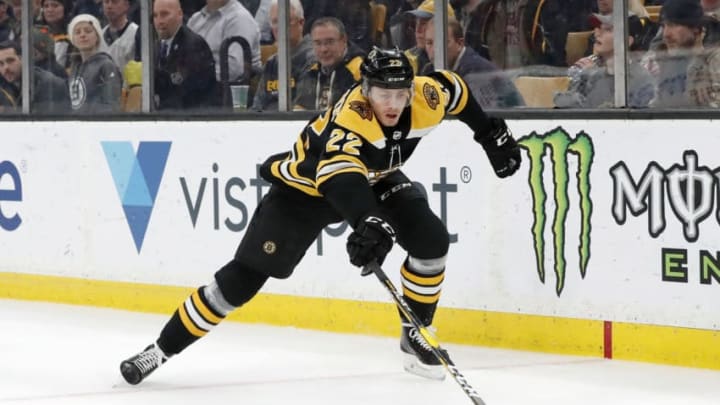 BOSTON, MA - FEBRUARY 12: Boston Bruins left wing Peter Cehlarik (22) reaches for the puck during a game between the Boston Bruins and the Chicago Blackhawks on February 12, 2019, at TD Garden in Boston, Massachusetts. (Photo by Fred Kfoury III/Icon Sportswire via Getty Images)