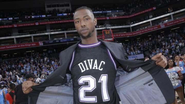 SACRAMENTO, CA - APRIL 7: Harry Giles #20 of the Sacramento Kings wears a jersey belonging to General Manager Vlade Divac during the game against the New Orleans Pelicans on April 7, 2019 at Golden 1 Center in Sacramento, California. NOTE TO USER: User expressly acknowledges and agrees that, by downloading and or using this photograph, User is consenting to the terms and conditions of the Getty Images Agreement. Mandatory Copyright Notice: Copyright 2019 NBAE (Photo by Rocky Widner/NBAE via Getty Images)