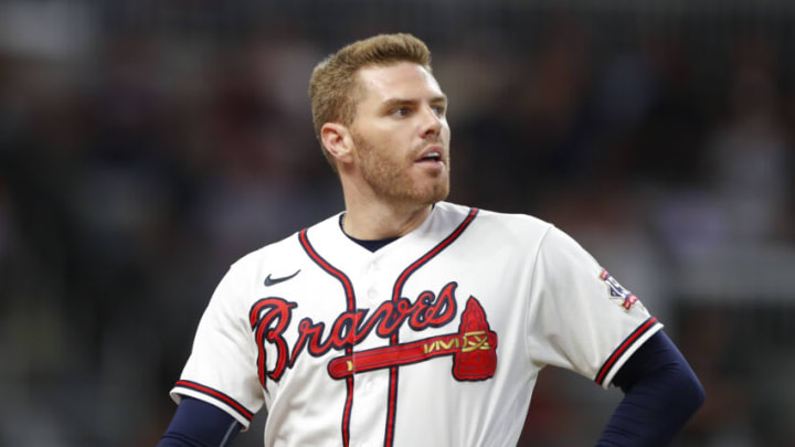 ATLANTA, GEORGIA - AUGUST 24: Freddie Freeman #5 of the Atlanta Braves reacts after being called out at home in the fifth inning of an MLB game against the New York Yankees at Truist Park on August 24, 2021 in Atlanta, Georgia. (Photo by Todd Kirkland/Getty Images)