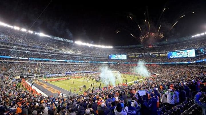 Feb 2, 2014; East Rutherford, NJ, USA; A general view of fireworks after Super Bowl XLVIII between the Seattle Seahawks and the Denver Broncos at MetLife Stadium. Mandatory Credit: Kirby Lee-USA TODAY Sports
