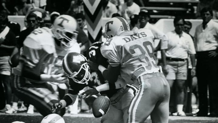 Tennessee Days caused a fumble during the 4th quarter against Mississippi State Saturday, Sept. 13, 1987.Days Caused Fumble 1987