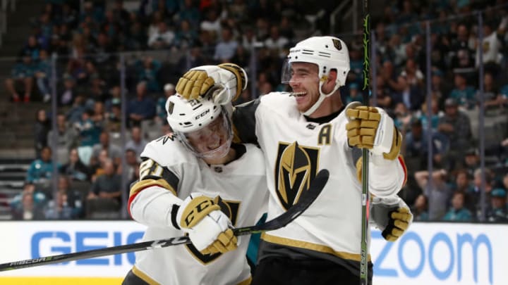 SAN JOSE, CALIFORNIA - APRIL 18: Cody Eakin #21 and Reilly Smith #19 of the Vegas Golden Knights celebrate after the Golden Knights scored a goal against the San Jose Sharks in the first period in Game Five of the Western Conference First Round during the 2019 NHL Stanley Cup Playoffs at SAP Center on April 18, 2019 in San Jose, California. (Photo by Ezra Shaw/Getty Images)