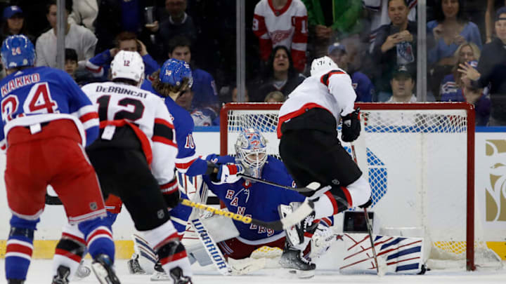 NEW YORK, NEW YORK - DECEMBER 02: Brady Tkachuk #7 of the Ottawa Senators scores the overtime game-winning goal past Igor Shesterkin #31 of the New York Rangers at Madison Square Garden on December 02, 2022 in New York City. (Photo by Jim McIsaac/Getty Images)