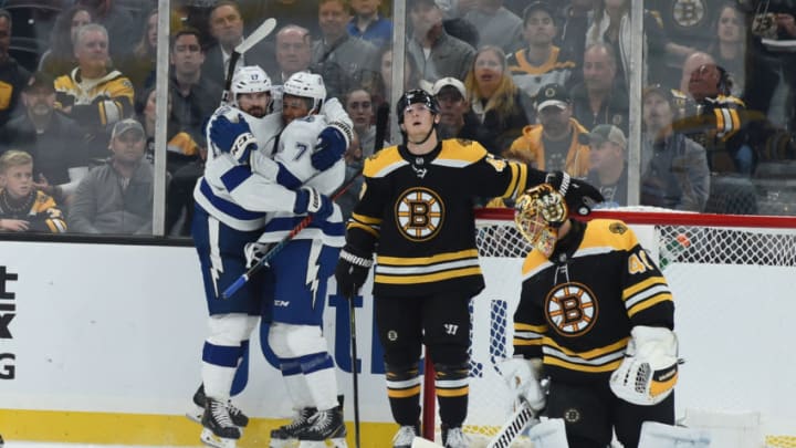 BOSTON, MA - OCTOBER 17: Alex Killorn #17 and Mathieu Joseph #7 of the Tampa Bay Lightning celebrate the goal against the Boston Bruins at the TD Garden on October 17, 2019 in Boston, Massachusetts. (Photo by Steve Babineau/NHLI via Getty Images)