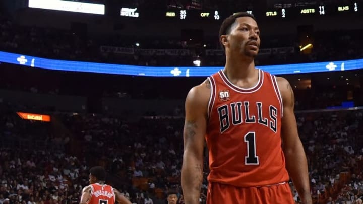 Apr 7, 2016; Miami, FL, USA; Chicago Bulls guard Derrick Rose (1) looks on during the second half against the Miami Heat at American Airlines Arena. Mandatory Credit: Steve Mitchell-USA TODAY Sports