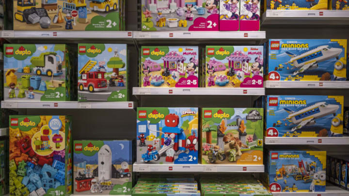BARCELONA, CATALONIA, SPAIN - 2021/11/20: LEGO items in boxes are seen inside the new Lego store.The Danish construction toy company LEGO has opened a new store on Passeig de Gràcia in Barcelona inspired by the work of the modernist architect Antoni Gaudi. The 800 m2 makes it the brand's third largest store after New York and China. (Photo by Paco Freire/SOPA Images/LightRocket via Getty Images)