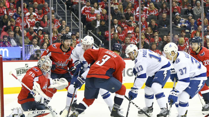 WASHINGTON, DC – MARCH 20: Washington Capitals goal tender Braden Holtby (70) makes a second period save on shot by Tampa Bay Lightning left wing Adam Erne (73) on March 20, 2019, at the Capital One Arena in Washington, D.C. (Photo by Mark Goldman/Icon Sportswire via Getty Images)